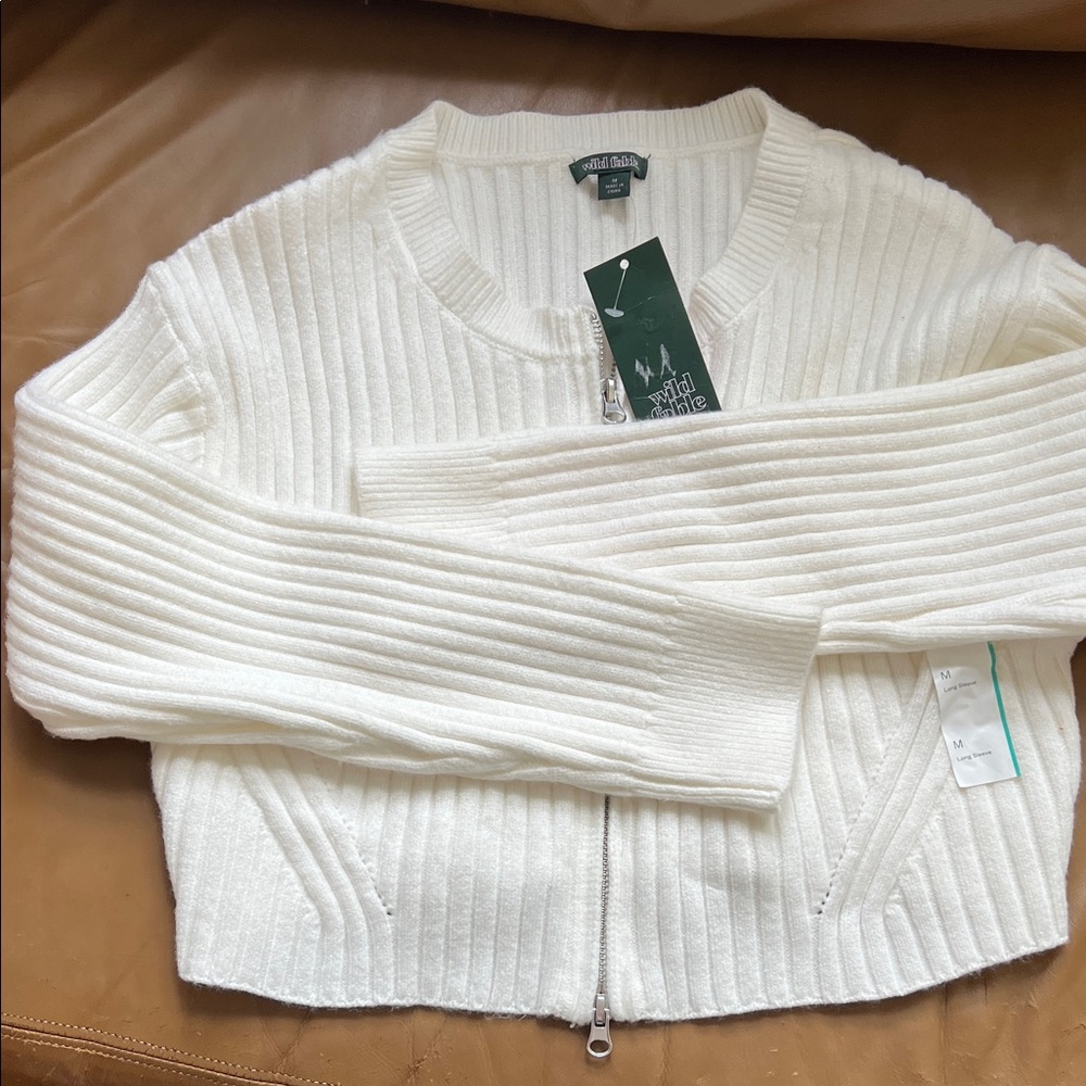 Wild Fable White Ribbed Zip Cardigan